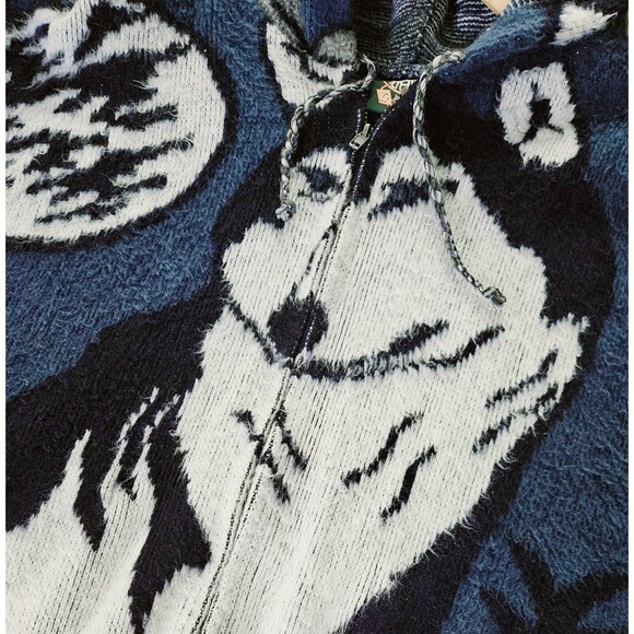 VTG GENESIS Blue Wolf Feather Hoodie Jacket Mens Large Full Zip Wool - Picture 4 of 11